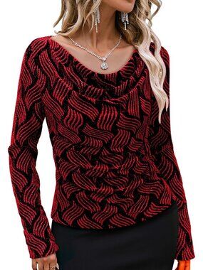 Women's Black Red Cowl Neck Stretchy Glitter Cocktail Party Long Sleeve Tops